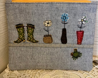 Cotton Fabric Zippered Pouch, Flower Garden Theme, Free-Motion Appliqué, Pencil Case, Clutch, Cosmetic Bag