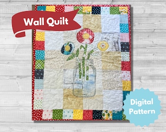 Flowers in Jar Collage Quilt Pattern, Digital Sewing Pattern, YouTube Project,  PDF Printable Download Template