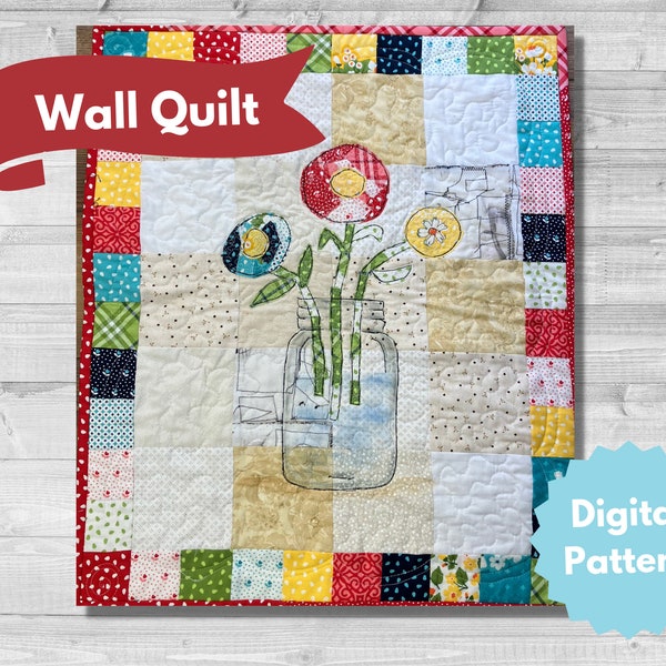 Flowers in Jar Collage Quilt Pattern, Digital Sewing Pattern, YouTube Project,  PDF Printable Download Template