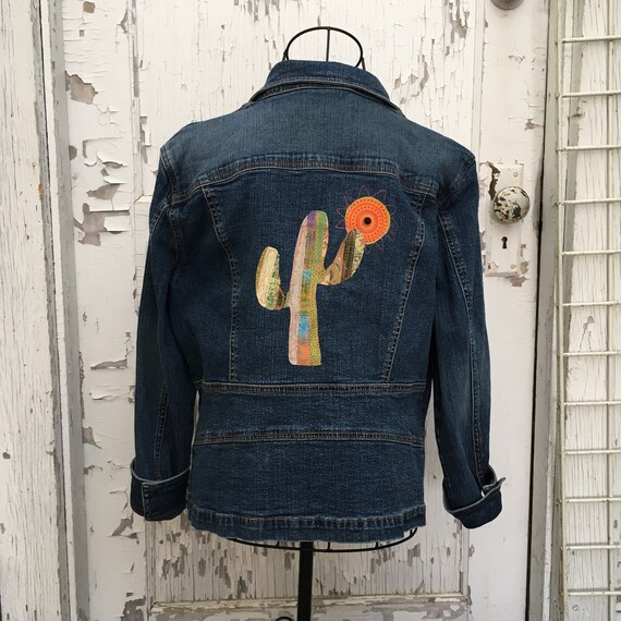 Up cycled Denim Jacket with Cactus Design Size XL Petite | Etsy