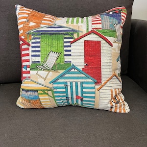 Beach Huts 16x 16 Pillow Cover, Beach Lake House Decor,  Cushion, Cover only insert not included