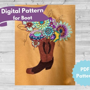 May include: Digital pattern for a boot with a bouquet of colorful flowers. The pattern is available as a PDF download.