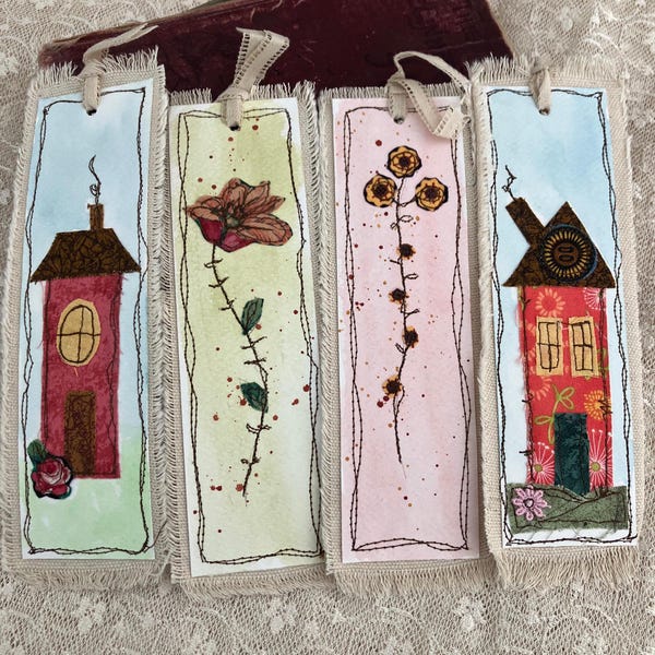 Marcapáginas hechos a mano, cosidos y pintados con acuarela, juego de 4, un gran regalo