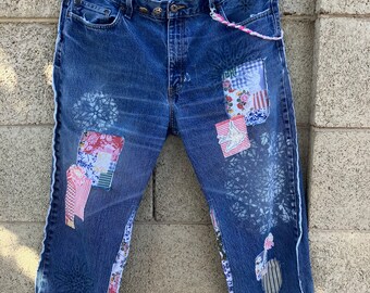 Up Cycled Decorated Transformed Jeans, Patched and Stenciled Design , Cropped Jeans,  Waist Size 34-36