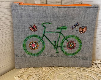Cotton Fabric Zippered Pouch, Bike Design, Free-Motion Appliqué, Pencil Case, Clutch, Cosmetic Bag