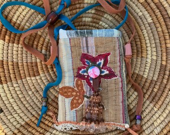 Fabric Necklace Pouch, Textile Pendent, Amulet, Boho Statement Necklace, Mixed Media, Art to Wear, Prayer Pouch