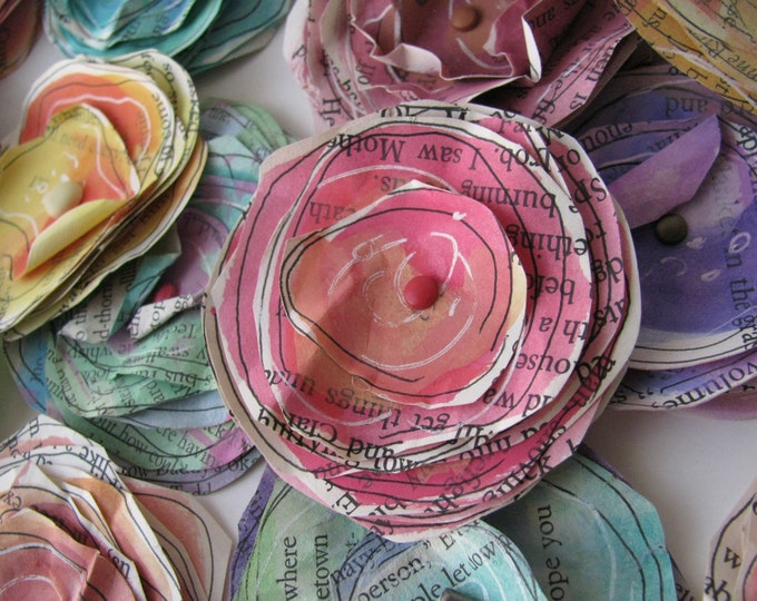 Set of 3, Paper Flower Embellishments, Card Making Scrapbook Supply, Watercolor Flowers, Book