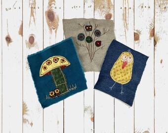 Lot de 3 patchs en denim scrappy, embellissements, appliqués, gribouillage au fil, détails en denim