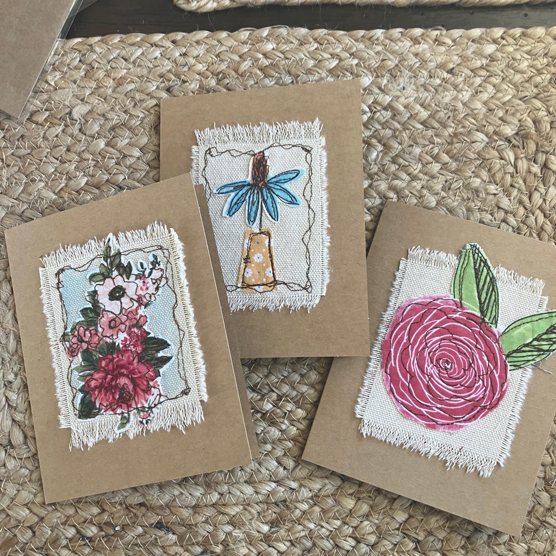 Textile Card Fabric Stitched Greeting Cards, Set of 3 - Etsy