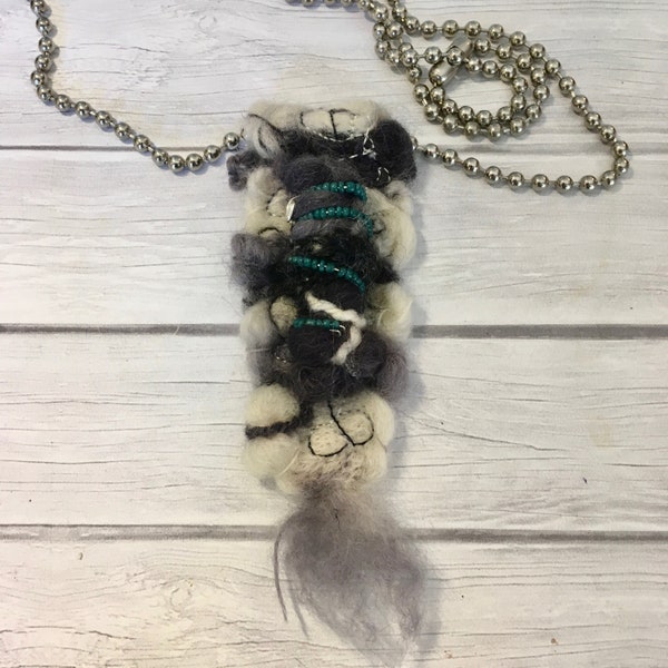 Felted Wool Pendant, Long Necklace, Large Ball Chain, Statement Accessory, Boho Style, Black and White Textile Jewelry, Fiber Bead