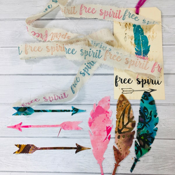 Feather Arrow Embellishment Kit with "Free Spirit" stamped Ribbon.  Packaged on a Hand Stamped Tag.