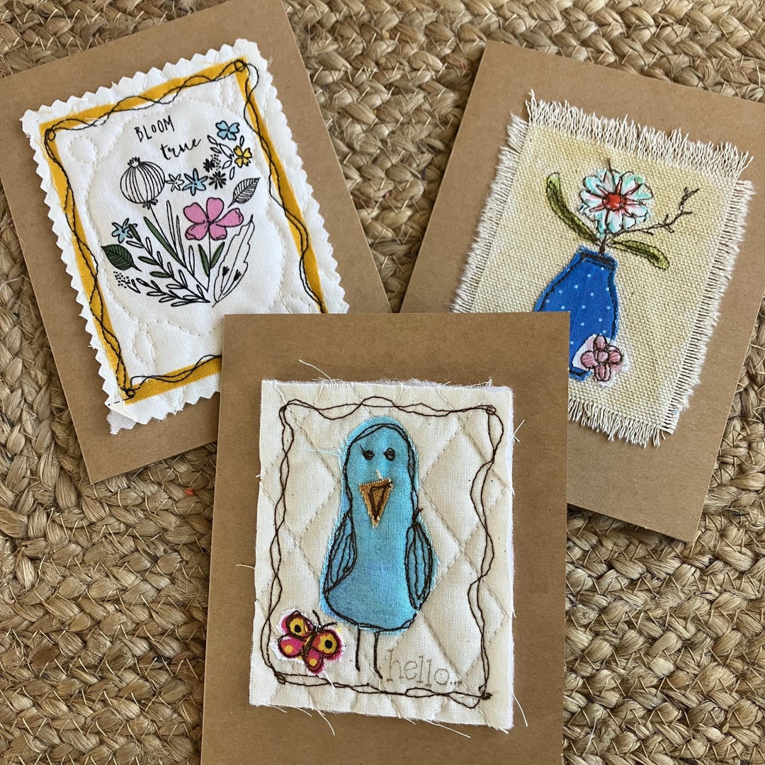 Textile Card Fabric Stitched Greeting Cards, Set of 3 - Etsy