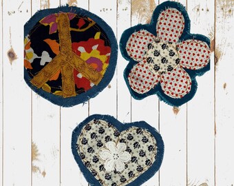 Scrappy Denim Embellishments, Set of 3, Flower, Peace Sign, Heart Patches, Boho, Hippie  Appliques, Denim Accents