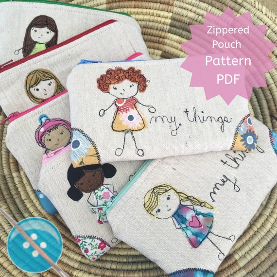 Digital Sewing Pattern for Zippered Pouch with Reinforced Corners, 4" x 6". Includes template for Stick Girl Drawings
