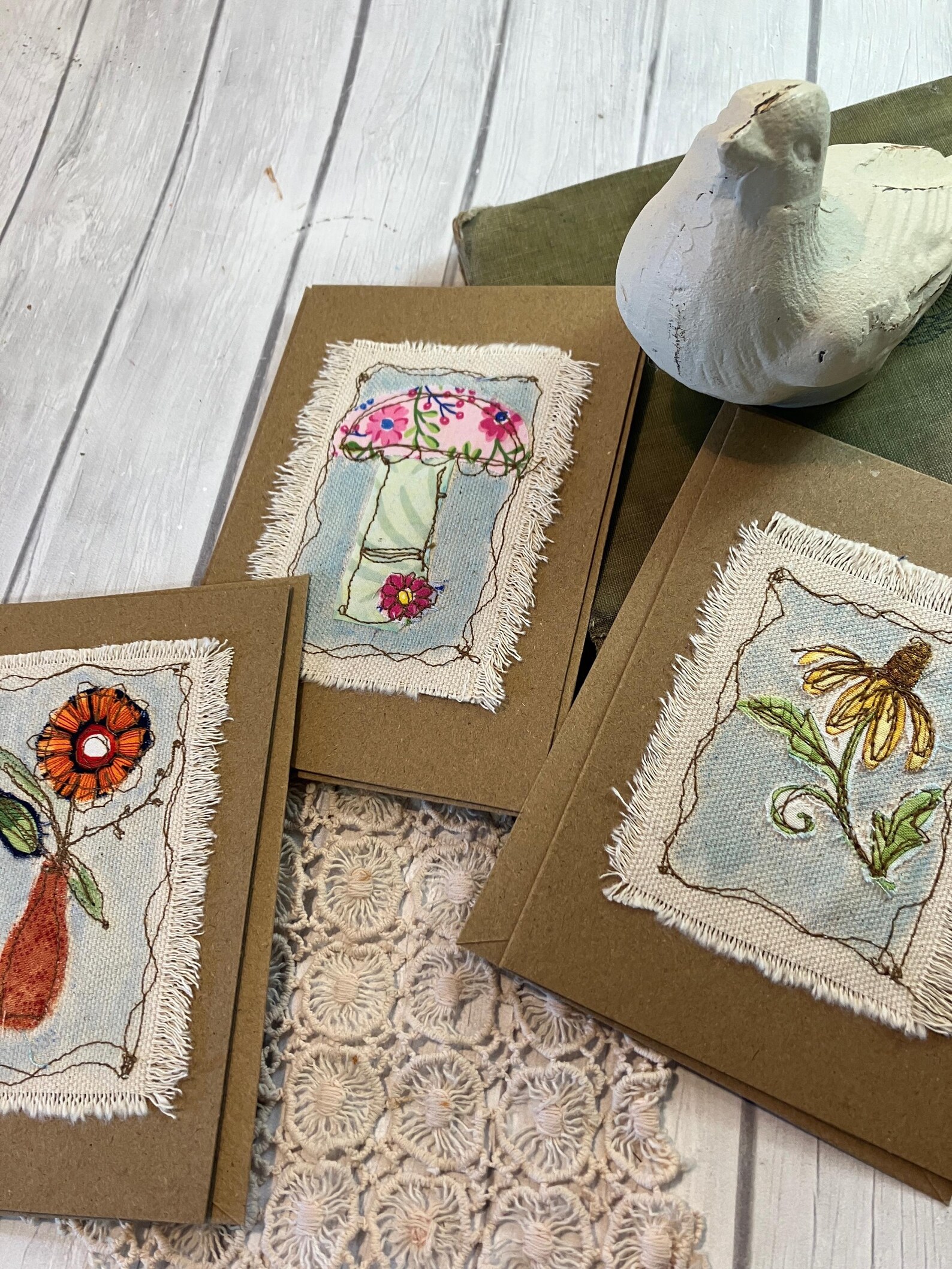 Textile Card Fabric Stitched Greeting Cards, Set of 3 - Etsy