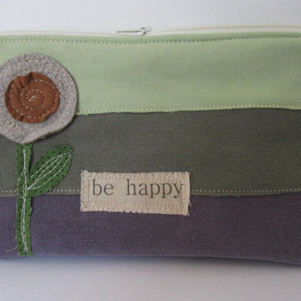 Cell Phone Wristlet Wallet, Zipper Pouch, Upcycled Sweatshirt,  "Be Happy" Pouch, Purple, Green Pouch, Small Zippered Clutch, Appliqued Bag