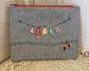 Cotton Fabric Zippered Pouch, Clothes Line Design, Free-Motion Appliqué, Pencil Case, Clutch, Cosmetic Bag