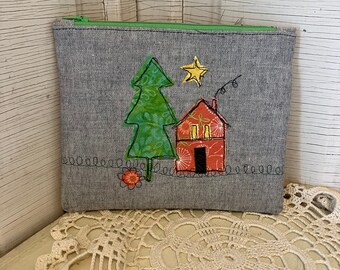 Cotton Fabric Zippered Pouch, House Tree Design, Free-Motion Appliqué, Pencil Case, Clutch, Cosmetic Bag