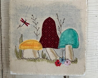 Whimsical Mushroom Wall Art,  8" x 8", Thread Doodling, Free Motion Applique, Fabric Collage, Fabric and Ink