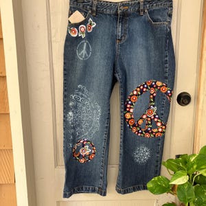 UpCycled Size 12 Patchwork Peace Theme Jeans, Funky, One of a Kind