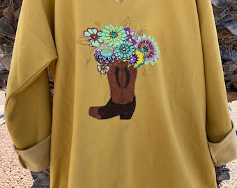 Western Boot Flower Bouquet Sweatshirt, Reconstructed Sweatshirt, Appliquéd, Mustard Color, Enza Brand,  Plus Sizes