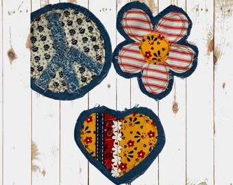 Lot de 3 embellissements en denim débraillé, fleur, signe de la paix, patchs coeur, appliques bohème, hippie, touches de denim