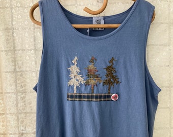 Cotton Blue Tank Top, Size Med, Nature Pine Tree, Appliquéd, Free Motion Stitched, Roomy, Wide Strap