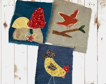 Lot de 3 patchs en denim scrappy, embellissements, appliqués, gribouillage au fil, détails en denim