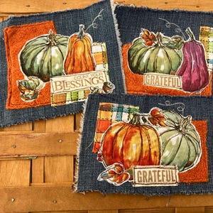 Hand-Stitched Denim Fall Patch, Pumpkins, Leaves, Thanksgiving Collage, Set of 3