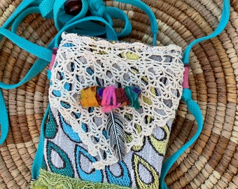 Fabric Necklace Pouch, Textile Pendent, Amulet, Boho Statement Necklace, Mixed Media, Art to Wear, Prayer Pouch