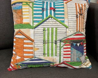 Beach Huts 16x 16 Pillow Cover, Beach Lake House Decor,  Cushion, Cover only insert not included