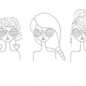 Op de afbeelding: Lijntekening van drie vrouwen met verschillende kapsels die zonnebrillen dragen. Elke vrouw draagt ​​een hartvormige oorbel.