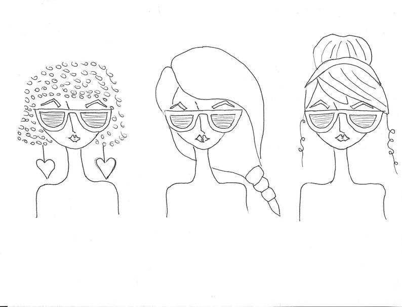 Op de afbeelding: Lijntekening van drie vrouwen met verschillende kapsels die zonnebrillen dragen. Elke vrouw draagt ​​een hartvormige oorbel.