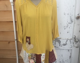 XL Mustard Blouse, Tunic Top, Up Cycled with Patchwork Bottom, Boho Fashion