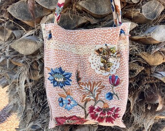 UpCycled Tote Bag made from Reclaimed Upholstery Samples, Unlined, Patch Pocket,  Boho Bag, Free-Motion Appliquéd