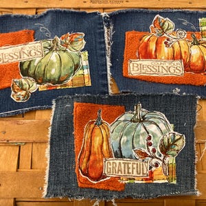 Hand-Stitched Denim Fall Patch, Pumpkins, Leaves, Thanksgiving Collage, Set of 3