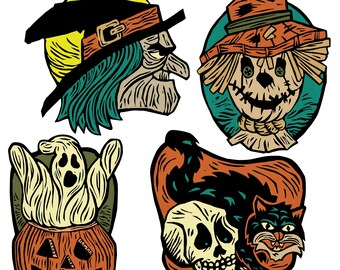 Decoración de pared retro de Halloween - Conjunto de 4 diseños - Serie 1