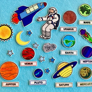 May include: A colorful felt set of planets and stars with the names of each planet written on a separate label. The planets include Mercury, Venus, Earth, Mars, Jupiter, Saturn, Uranus, Neptune, and Pluto. There is also a rocket, a crescent moon, and a cartoon astronaut.
