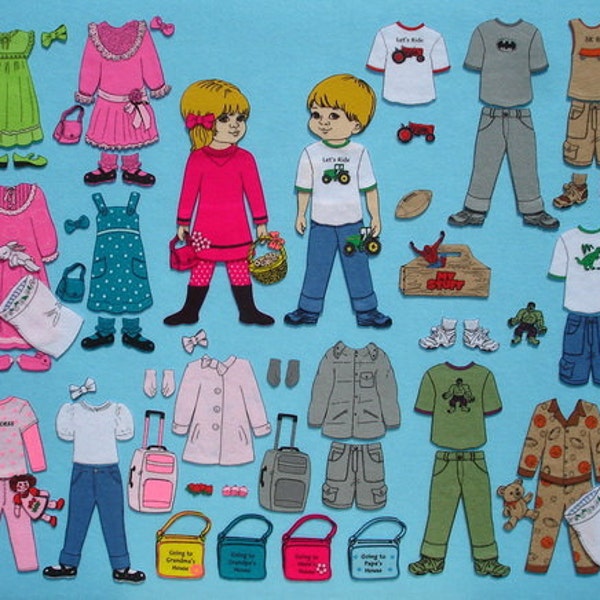 Going to Grandma's House Felt Board Set.  Includes Boy and Girl Felt Dolls to dress