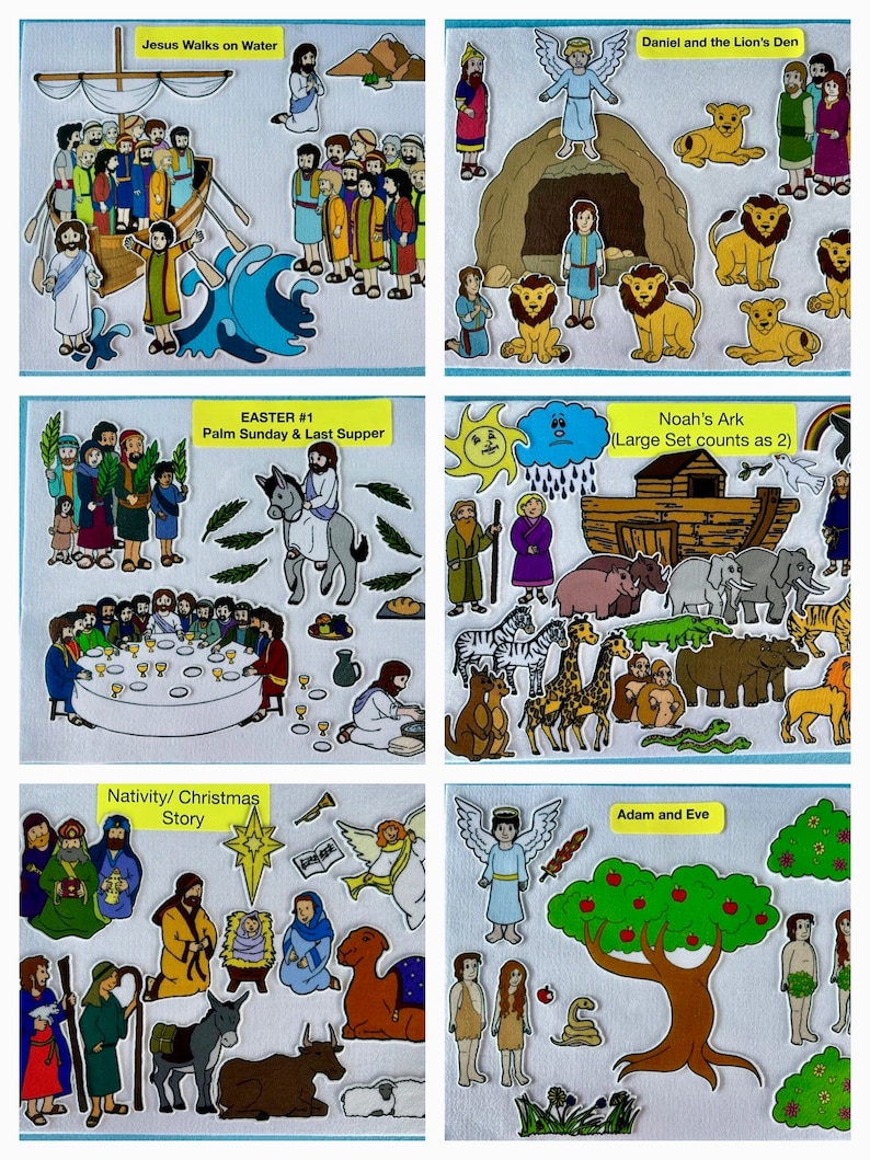 May include: A set of 10 felt storybook character sets for children. The sets include Jesus walking on water, Daniel in the lion's den, Palm Sunday and the Last Supper, Noah's Ark, the Nativity, and Adam and Eve. The characters are colorful and detailed, and they are perfect for teaching children about the Bible.