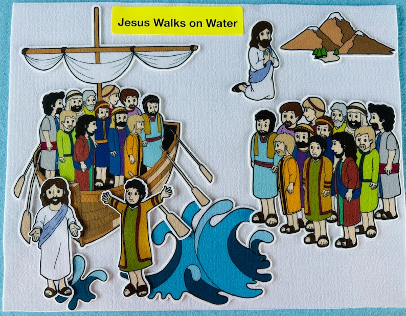 May include: A felt board illustration depicting the biblical story of Jesus walking on water. The scene shows Jesus walking on a blue wavy sea, with a boat full of people in the background. The text "Jesus Walks on Water" is written in yellow at the top of the image.