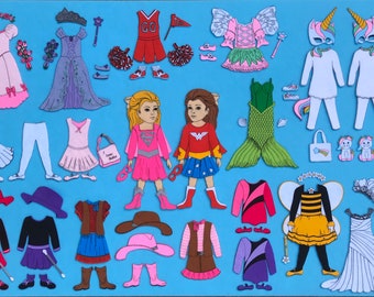 Playing Dress Up For Girls -Felt Board Set-  Includes 2 dolls to dress in costumes / Halloween