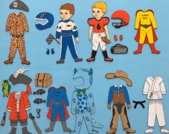 Playing Dress Up For Boys -Felt Board Set-  Includes 2 dolls to dress super hero , cowboy, football player and more.