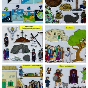 May include: A felt board with colorful illustrations depicting scenes from the Bible. The board includes scenes like the story of creation, Jonah and the whale, the resurrection of Jesus, and David and Goliath. The board is a great educational tool for children to learn about the Bible.