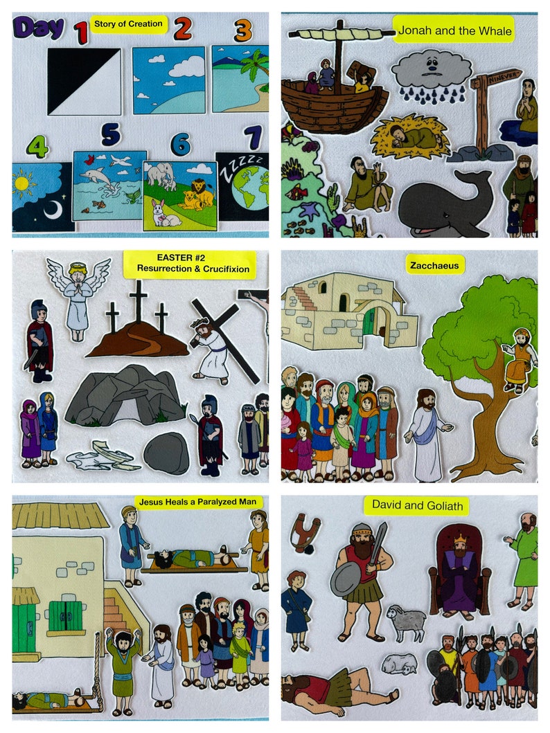 May include: A felt board with colorful illustrations depicting scenes from the Bible. The board includes scenes like the story of creation, Jonah and the whale, the resurrection of Jesus, and David and Goliath. The board is a great educational tool for children to learn about the Bible.
