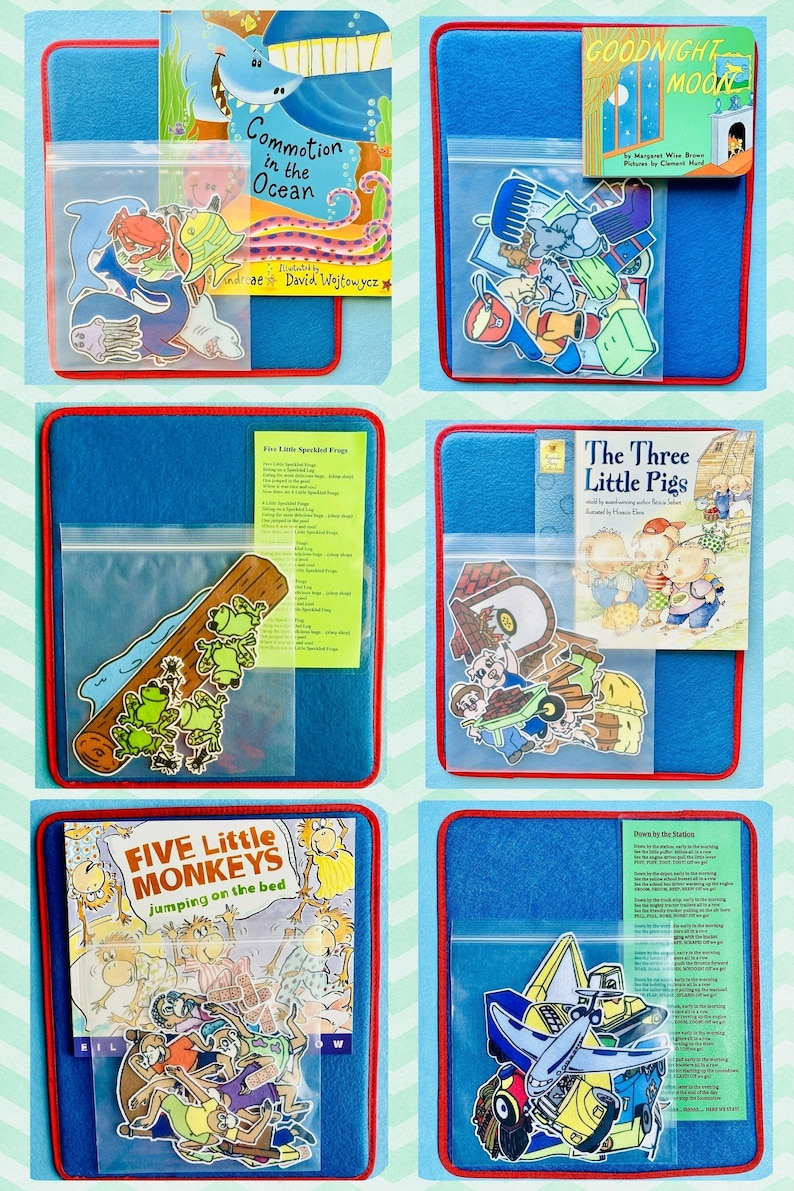 K&ouml;nnte beinhalten: Ein Set mit zehn Filz-Geschichten, jede mit einem blauen Hintergrund und einem durchsichtigen Plastikbeutel mit Filz-Ausschnitten. Die Titel der Geschichten sind "Commotion in the Ocean", "Goodnight Moon", "Five Little Speckled Frogs", "The Three Little Pigs", "Five Little Monkeys Jumping on the Bed" und "Down by the Station".