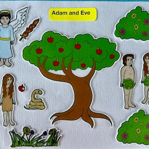 May include: A felt board set with characters and props from the story of Adam and Eve. The set includes Adam, Eve, a snake, a tree with apples, an angel, and two bushes. The title "Adam and Eve" is written on a yellow banner.
