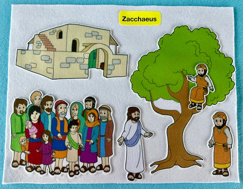 May include: A felt play set depicting the biblical story of Zacchaeus, a tax collector who climbed a sycamore tree to see Jesus. The set includes a house, a tree, and figures of Jesus, Zacchaeus, and other people.