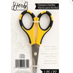 May include: Yellow and black herb scissors with the text "Herb Scissors" and "Cutter Bee" on the packaging. The scissors are designed for cutting herbs and have a plastic handle.