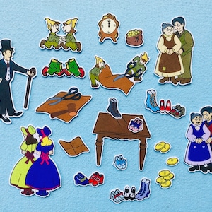 May include: A collection of colorful, illustrated cutouts depicting scenes and characters from a fairy tale. The images include a man in a top hat, elves, a clock, shoes, a table, and a couple.